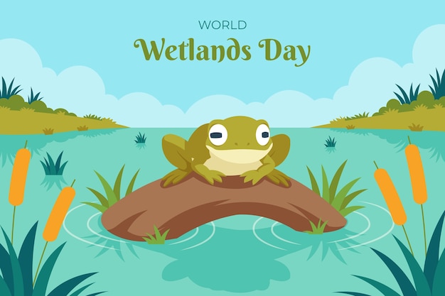 Gratis vector platte wereld wetlands dag achtergrond met bloemen en fauna