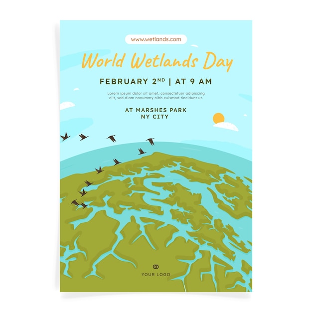 Platte wereld wetlands dag verticale poster sjabloon