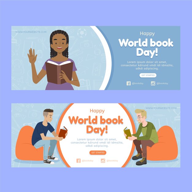 Platte wereldboekendag horizontale banners set