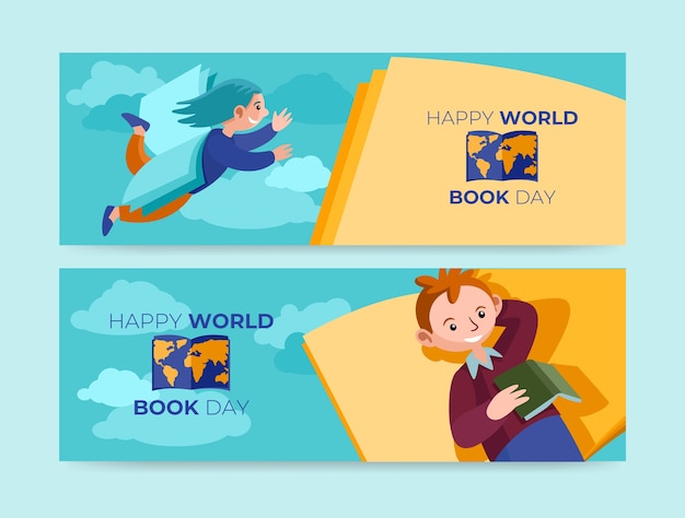 Platte wereldboekendag horizontale banners set