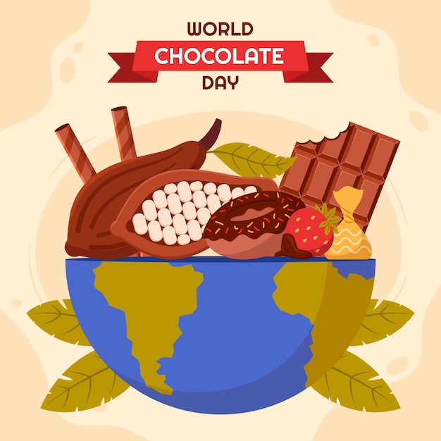 Platte wereldchocoladedagillustratie met chocoladesnoepjes in planet