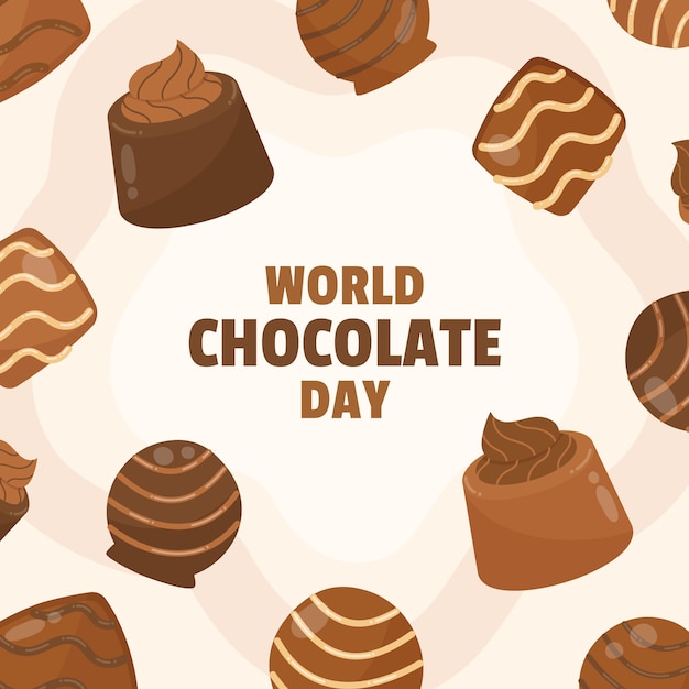 Platte wereldchocoladedagillustratie met chocoladesnoepjes