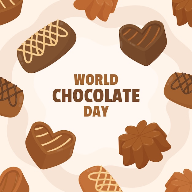 Gratis vector platte wereldchocoladedagillustratie met chocoladesnoepjes