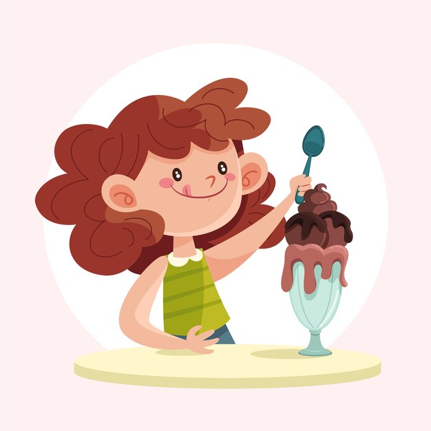 Platte wereldchocoladedagillustratie met kind dat van chocolade geniet