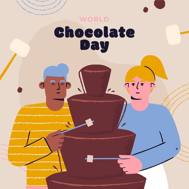 Platte wereldchocoladedagillustratie met mensen die genieten van een chocoladefontein