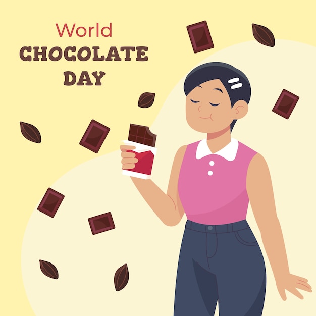 Gratis vector platte wereldchocoladedagillustratie met persoon die van chocolade geniet