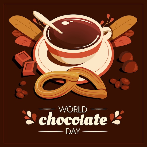 Platte wereldchocoladedagillustratie met warme chocolademelk