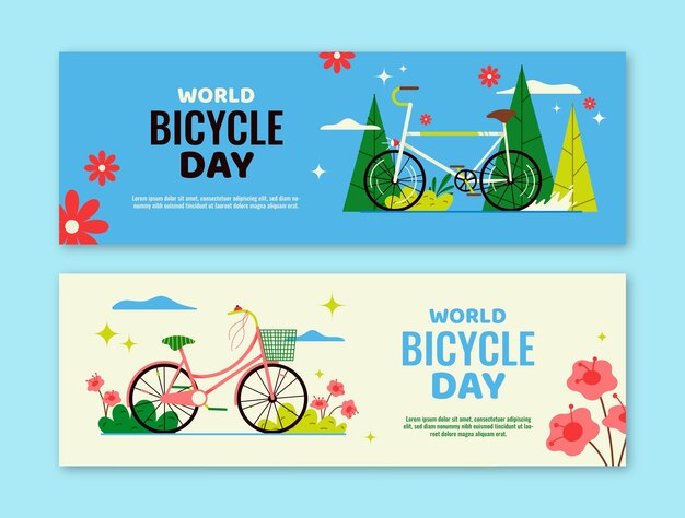 Gratis vector platte wereldfietsdag horizontale banners set met fietsen