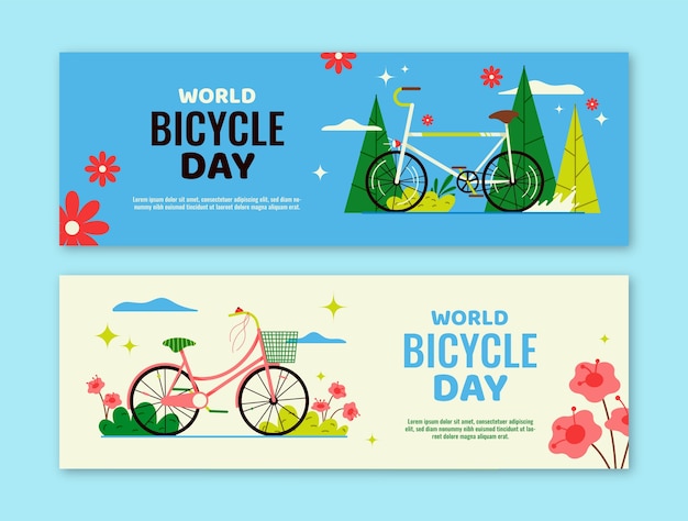 Platte wereldfietsdag horizontale banners set met fietsen