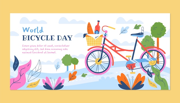Platte wereldfietsdag horizontale bannersjabloon met fiets