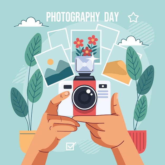 Gratis vector platte wereldfotografie dag illustratie
