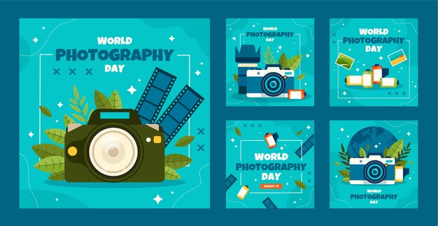 Gratis vector platte wereldfotografie dag instagram posts collectie