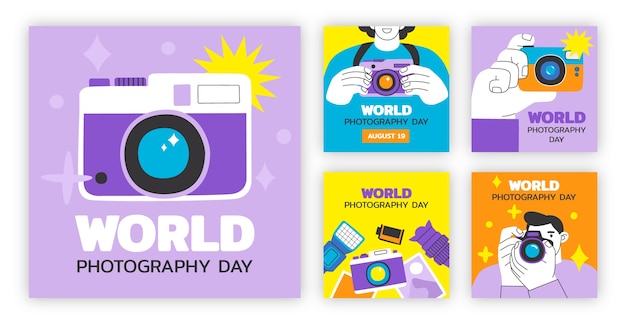 Gratis vector platte wereldfotografie dag instagram posts collectie