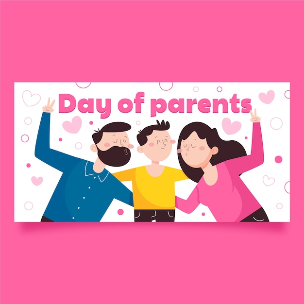 Gratis vector platte wereldwijde dag van ouders horizontale bannersjabloon met gelukkig gezin en kind