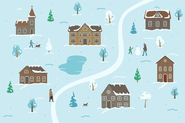 Gratis vector platte winter dorp illustratie