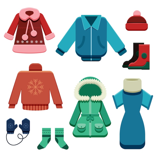 Gratis vector platte winterkleding en benodigdheden set