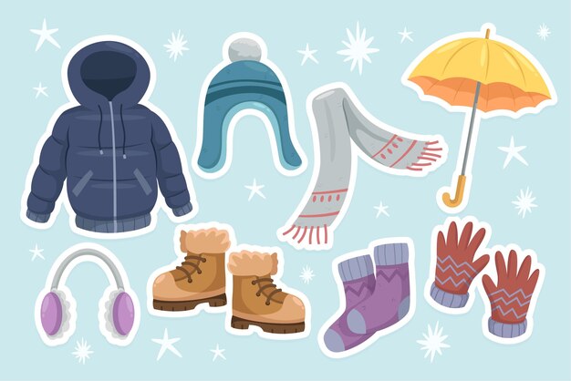 Platte winterkleding en collecties van essentiële elementen