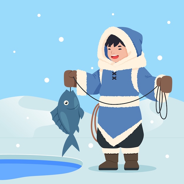 Platte winterseizoen eskimo illustratie