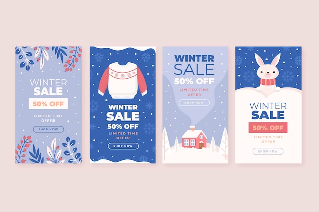 Gratis vector platte winterverkoop instagram verhalencollectie