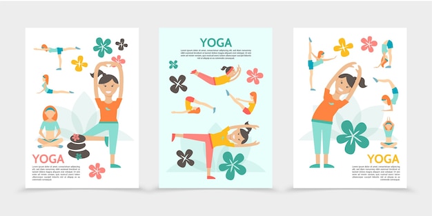 Platte yoga en harmonie posters met meisjes oefenen en mediteren in verschillende poses lotusbloemen spa stenen geïsoleerde illustratie