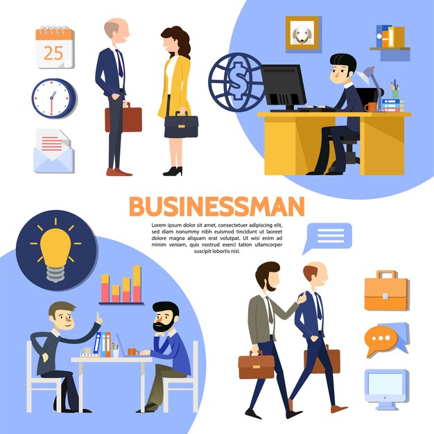 Platte zakelijke kantoor poster met werknemers managers werkplek gloeilamp werkmap grafiekkalender