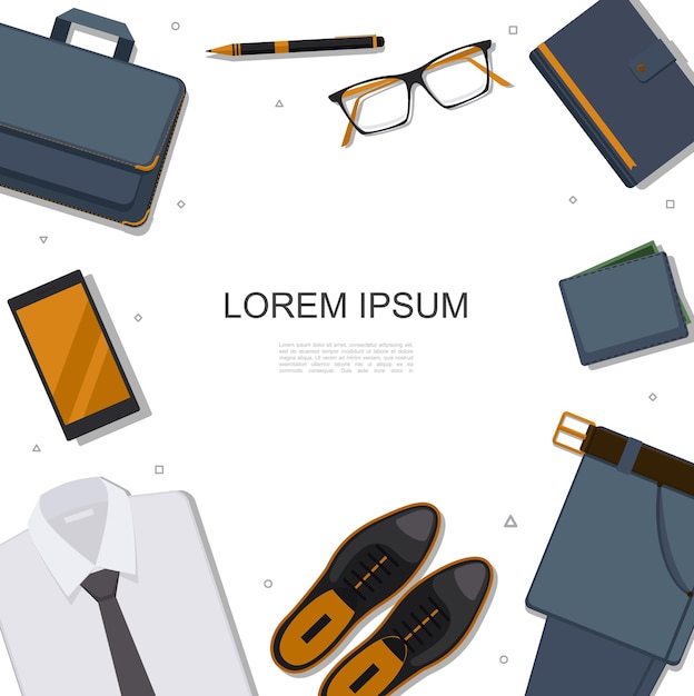 Platte zakenman accessoires sjabloon met aktetas telefoon brillen pen Kladblok broek portemonnee lederen schoenen shirt illustratie,