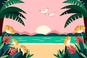 Gratis vector platte zomer achtergrond met uitzicht op het strand