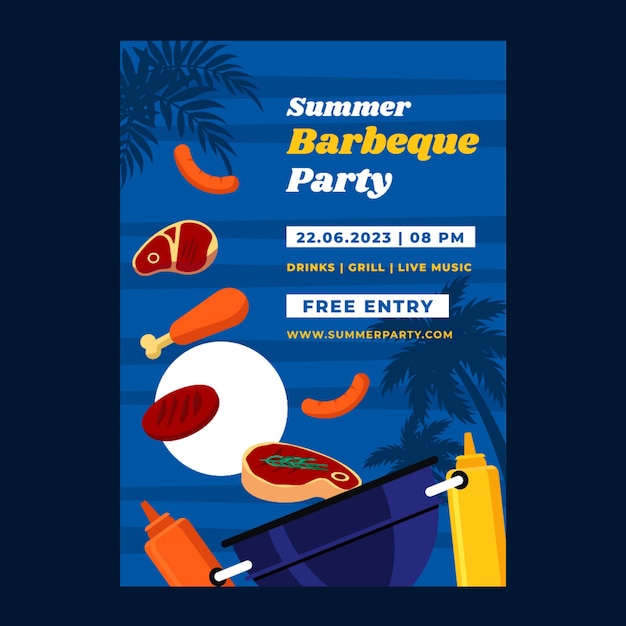 Gratis vector platte zomer barbecue poster sjabloon met eten