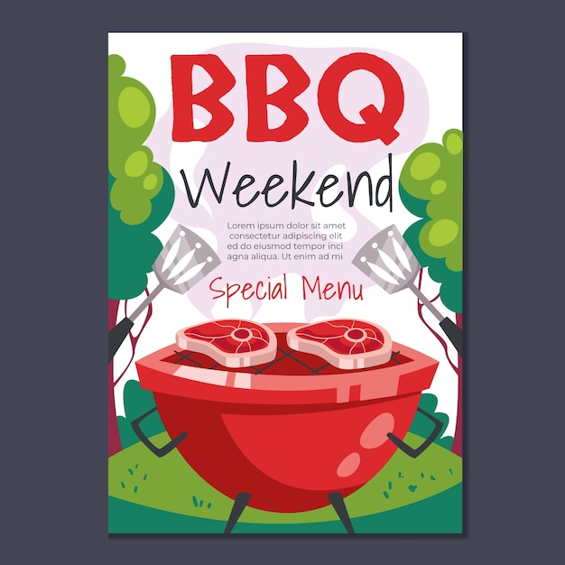 Platte zomer barbecue poster sjabloon met grill en eten