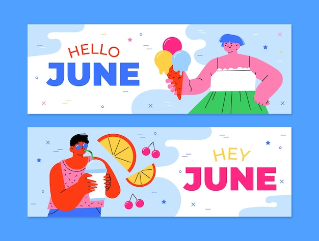 Gratis vector platte zomer hallo juni horizontale banners collectie