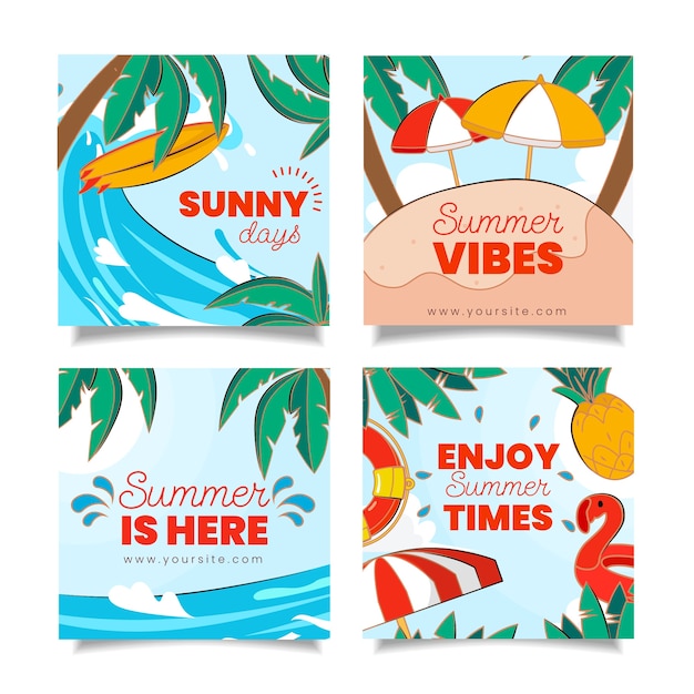 Gratis vector platte zomer instagram posts collectie