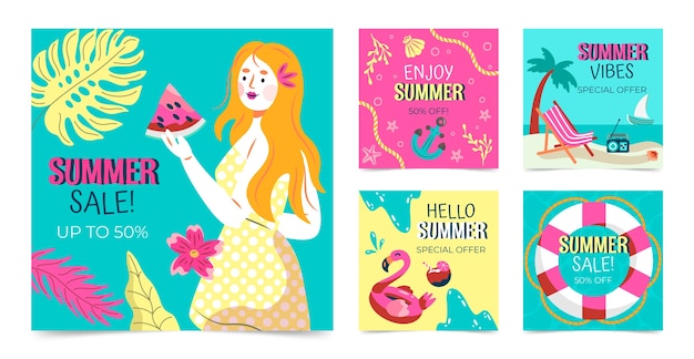 Gratis vector platte zomer instagram posts collectie