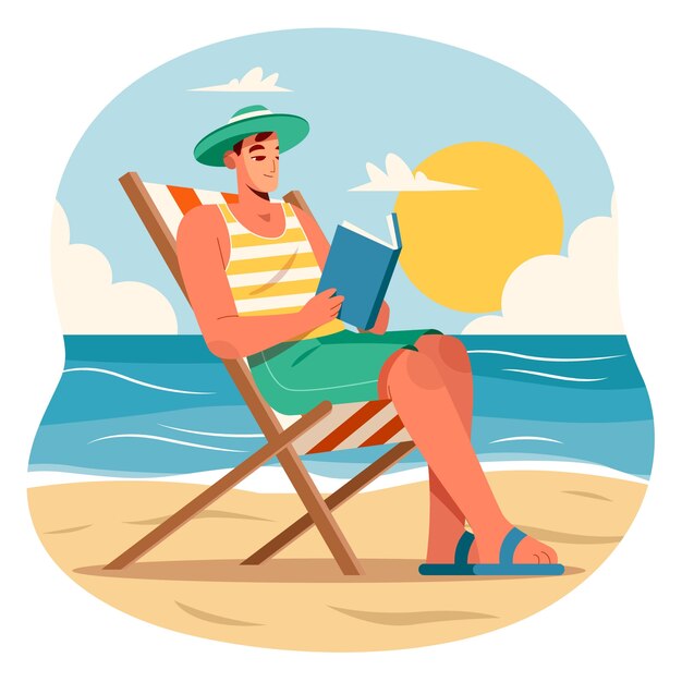 Platte zomer leesboeken illustratie met man in strandstoel