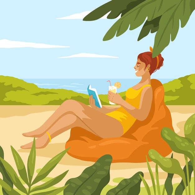 Platte zomer leesboeken illustratie met vrouw op het strand en vegetatie