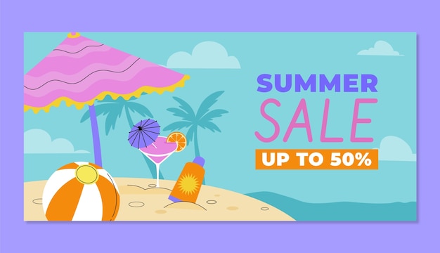 Gratis vector platte zomer verkoop horizontale banner sjabloon met uitzicht op het strand