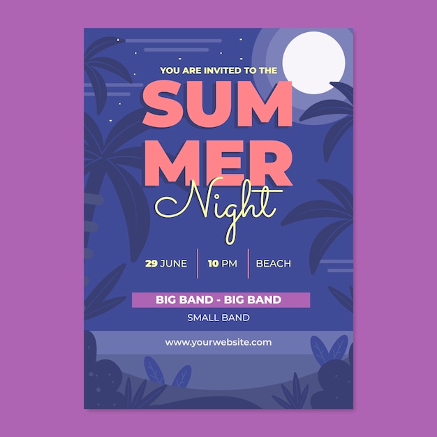 Gratis vector platte zomeravond feest poster sjabloon met palmbomen en maan