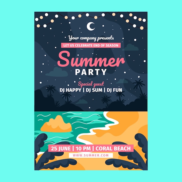 Gratis vector platte zomeravond feest poster sjabloon met uitzicht op het strand