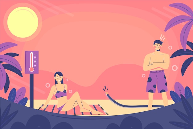 Gratis vector platte zomerhitte achtergrond met man en vrouw op het strand