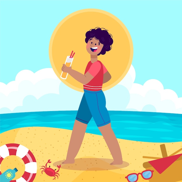 Gratis vector platte zomerhitte illustratie met persoon met drankje op het strand