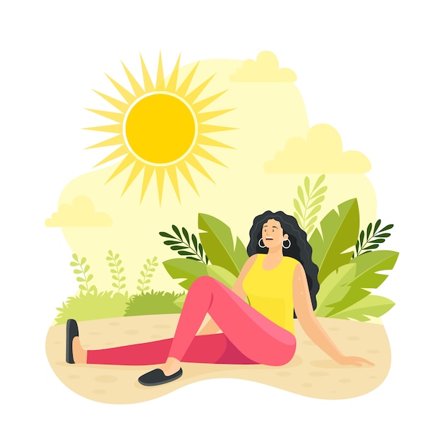 Gratis vector platte zomerhitte illustratie met vrouw die in de zon staat