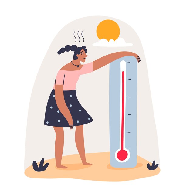 Platte zomerhitte illustratie met vrouw en thermometer