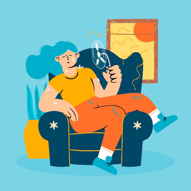 Gratis vector platte zomerhitte illustratie met vrouw met ventilator zittend op een stoel