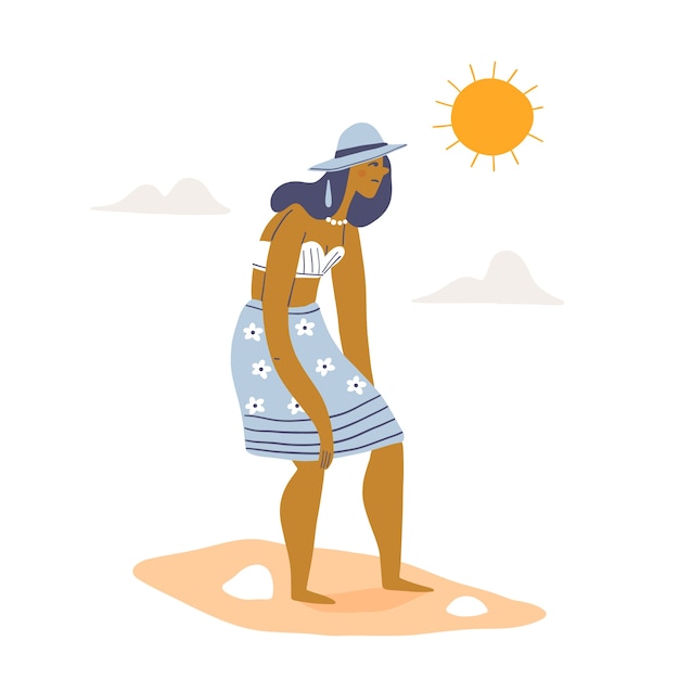 Platte zomerhitte illustratie met vrouw onder de zon