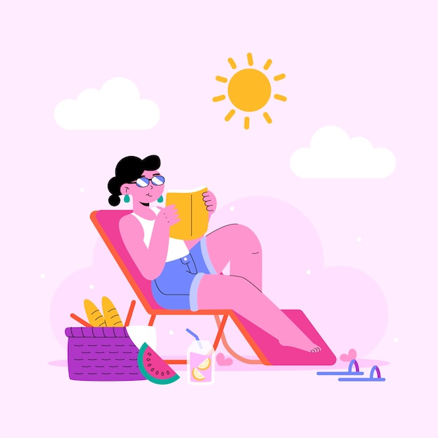 Gratis vector platte zomerillustratie met vrouwenleesboek op een strandstoel