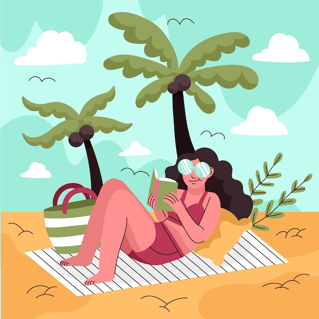 Gratis vector platte zomerillustratie met vrouwenleesboek op het strand