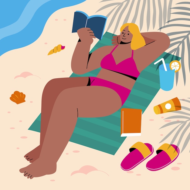 Platte zomerillustratie met vrouwenleesboek op het strand