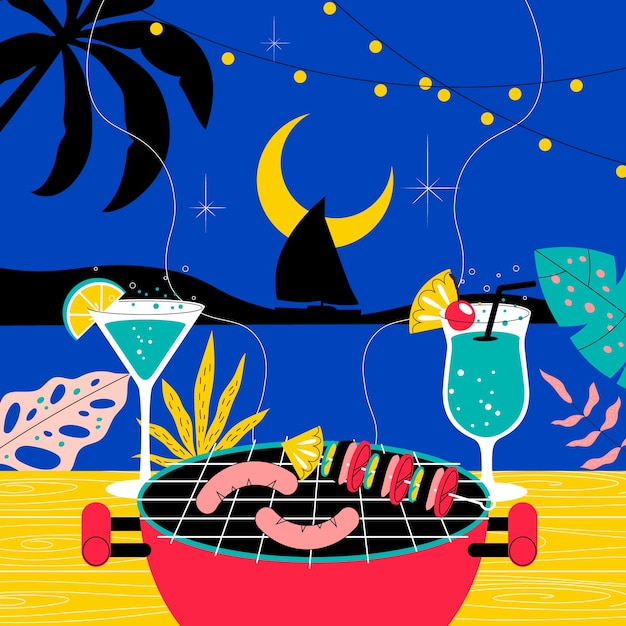 Platte zomernachtillustratie met grill en cocktails