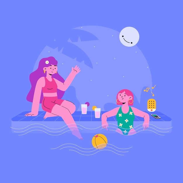 Gratis vector platte zomernachtillustratie met mensen bij het zwembad