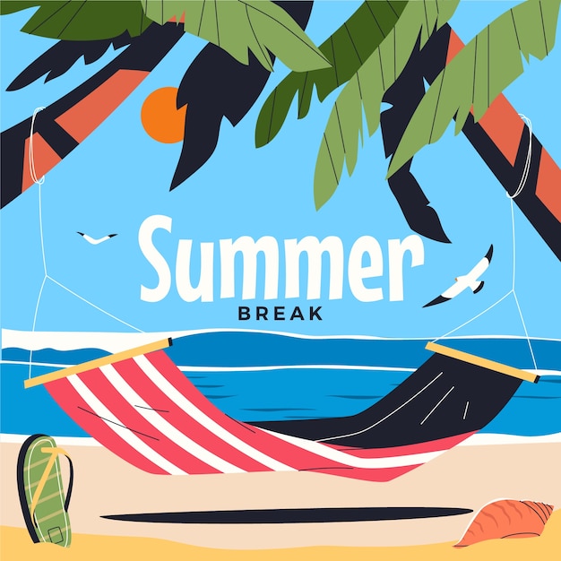 Gratis vector platte zomervakantie illustratie met hangmat op het strand en palmbomen