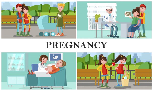 Platte zwangerschap en zwangerschapssamenstelling met zwangere vrouwen leiden een gezonde levensstijl en bezoeken het ziekenhuis voor medische controle